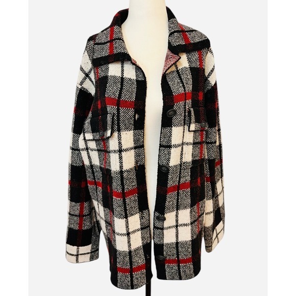 Rachel Zoe Medium Oversized Plaid Knit Button Front Shacket Red Black White - Picture 1 of 7